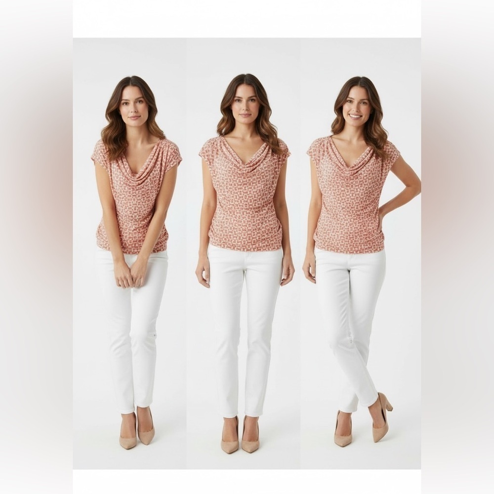New York & Company Coral Geometric Cowl Neck Top Women’s Medium Cap Sleeve